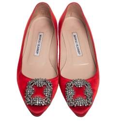 Pre Owned Manolo Blahnik Red Satin Hangisi Ballet Flats Size 36.5
