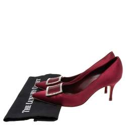 Pre Owned Manolo Blahnik Burgundy Satin Maysale Buckle Pointed Toe Pumps Size 38