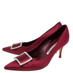 Pre Owned Manolo Blahnik Burgundy Satin Maysale Buckle Pointed Toe Pumps Size 38