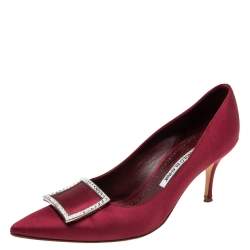 Pre Owned Manolo Blahnik Burgundy Satin Maysale Buckle Pointed Toe Pumps Size 38
