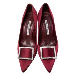 Pre Owned Manolo Blahnik Burgundy Satin Maysale Buckle Pointed Toe Pumps Size 38
