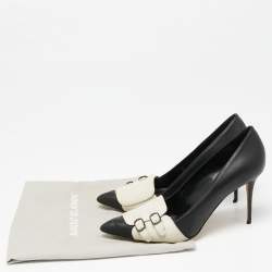 Pre Owned حذاء كعب عالي مانولو بلانيك جلد أوف وايت / أسود مقدمة مدببة مقاس 37.5