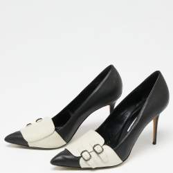 Pre Owned حذاء كعب عالي مانولو بلانيك جلد أوف وايت / أسود مقدمة مدببة مقاس 37.5