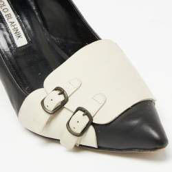 Pre Owned حذاء كعب عالي مانولو بلانيك جلد أوف وايت / أسود مقدمة مدببة مقاس 37.5