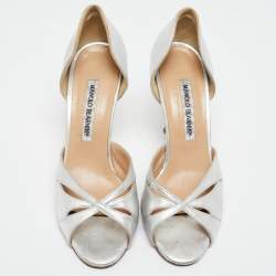 مملوكة مسبقًا Manolo Blahnik Silver  Leather Open Toe Pumps Size  38