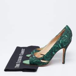 Pre Owned Manolo Blahnik Black/Green Lace and Leather Open-Toe Pumps Size 38.5