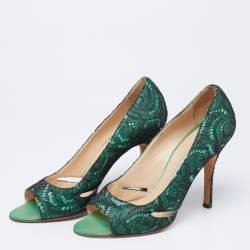 Pre Owned Manolo Blahnik Black/Green Lace and Leather Open-Toe Pumps Size 38.5
