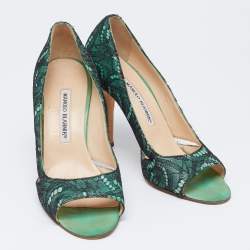 Pre Owned Manolo Blahnik Black/Green Lace and Leather Open-Toe Pumps Size 38.5