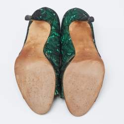 Pre Owned Manolo Blahnik Black/Green Lace and Leather Open-Toe Pumps Size 38.5