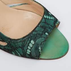 Pre Owned Manolo Blahnik Black/Green Lace and Leather Open-Toe Pumps Size 38.5