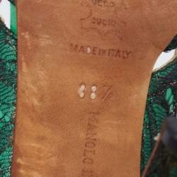 Pre Owned Manolo Blahnik Black/Green Lace and Leather Open-Toe Pumps Size 38.5