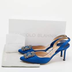 Pre Owned Manolo Blahnik Blue Satin Hangisi Slingback Sandals Size 38.5