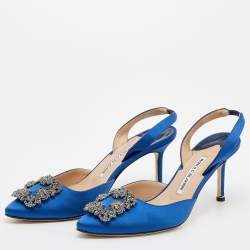 Pre Owned Manolo Blahnik Blue Satin Hangisi Slingback Sandals Size 38.5