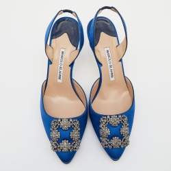 Pre Owned Manolo Blahnik Blue Satin Hangisi Slingback Sandals Size 38.5