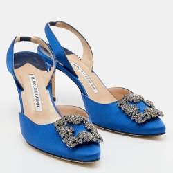 Pre Owned Manolo Blahnik Blue Satin Hangisi Slingback Sandals Size 38.5