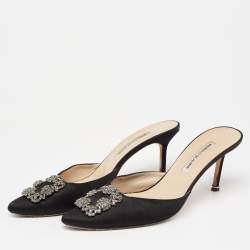 Manolo Blahnik Black Satin Hangisi Mules Size 41