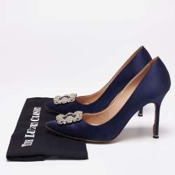 Manolo Blahnik Navy Blue Satin Hangisi Pumps Size 41