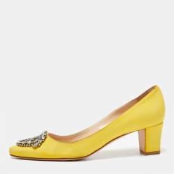 Pre Owned Manolo Blahnik Yellow Satin Okkava Pumps Size 36.5