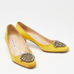 Pre Owned Manolo Blahnik Yellow Satin Okkava Pumps Size 36.5