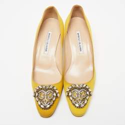 Pre Owned Manolo Blahnik Yellow Satin Okkava Pumps Size 36.5