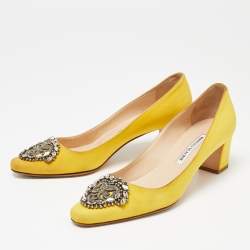 Pre Owned Manolo Blahnik Yellow Satin Okkava Pumps Size 36.5
