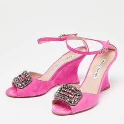 Manolo Blahnik Fuchsia Suede Crystal Embellished Trice Wedge Sandals Size 37