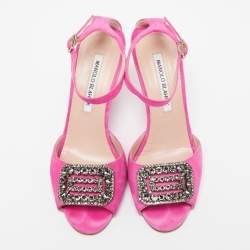 Manolo Blahnik Fuchsia Suede Crystal Embellished Trice Wedge Sandals Size 37