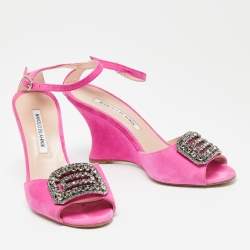 Manolo Blahnik Fuchsia Suede Crystal Embellished Trice Wedge Sandals Size 37