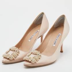 Pre Owned Manolo Blahnik Beige Satin Hangisi Pointed Toe Pumps Size 37.5