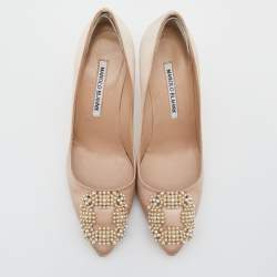 Pre Owned Manolo Blahnik Beige Satin Hangisi Pointed Toe Pumps Size 37.5