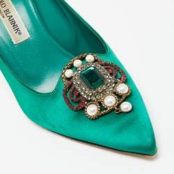 Pre Owned Manolo Blahnik Green Satin Eufrasia Pointed Toe Pumps Size 39