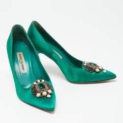 Pre Owned Manolo Blahnik Green Satin Eufrasia Pointed Toe Pumps Size 39