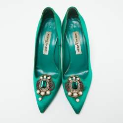 Pre Owned Manolo Blahnik Green Satin Eufrasia Pointed Toe Pumps Size 39