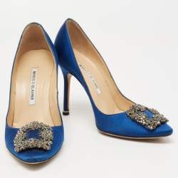 Pre Owned Manolo Blahnik Blue Satin Hangisi Pumps Size 37.5