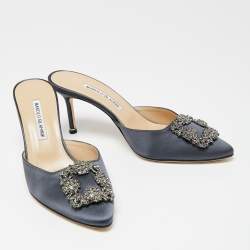 Manolo Blahnik Ash Blue Satin Hangisi Mule Sandals Size 39