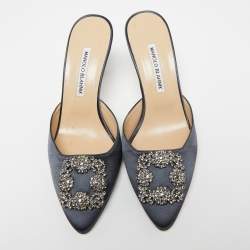Manolo Blahnik Ash Blue Satin Hangisi Mule Sandals Size 39