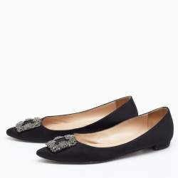 Pre Owned Manolo Blahnik Black Satin Hangisi Crystal Embellished Ballet Flats Size 38.5