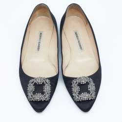 Pre Owned Manolo Blahnik Black Satin Hangisi Crystal Embellished Ballet Flats Size 38.5