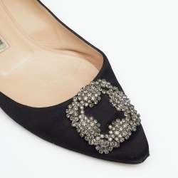 Pre Owned Manolo Blahnik Black Satin Hangisi Crystal Embellished Ballet Flats Size 38.5