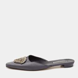 Manolo Blahnik Grey Satin Okkatomu Crystal Embellished Crest Flat Mules Size 39