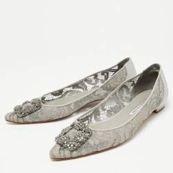 Pre Owned Manolo Blahnik Grey Lace and Satin Hangisi Ballet Flats Size 40.5