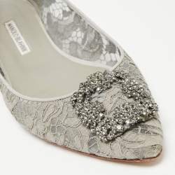Pre Owned Manolo Blahnik Grey Lace and Satin Hangisi Ballet Flats Size 40.5