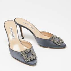 Manolo Blahnik Grey Satin Hangisi Mule Sandals Size 40