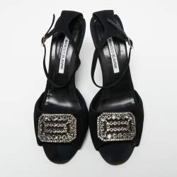 Pre Owned صندل مانولو بلانيك ترايس سويدي أسود مزخرف كريستال كعب روكي مقاس 40