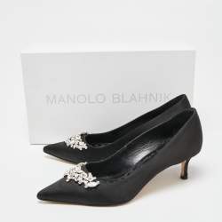 Pre Owned Manolo Blahnik Black Satin Lurum Pumps Size 37