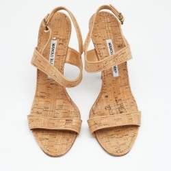 Pre Owned Manolo Blahnik Beige Leather Ankle Strap Sandals Size 39.5