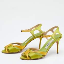 Pre Owned Manolo Blahnik Green/Yellow Satin Ankle Strap Sandals Size 39.5