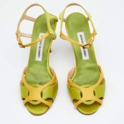 Pre Owned Manolo Blahnik Green/Yellow Satin Ankle Strap Sandals Size 39.5