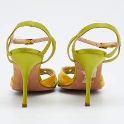 Pre Owned Manolo Blahnik Green/Yellow Satin Ankle Strap Sandals Size 39.5
