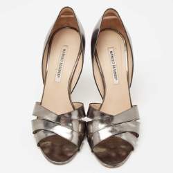 مملوكة مسبقًا Manolo Blahnik Metallic Pewter Leather Cutout Open Toe Pumps Size 40
